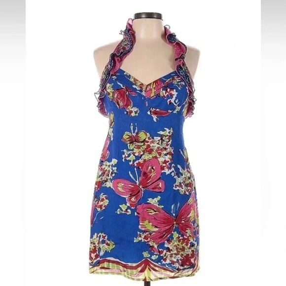 Nanette Lepore Blue Floral Butterfly Silk & Linen Halter Cocktail Dress Size 4 - Picture 1 of 8